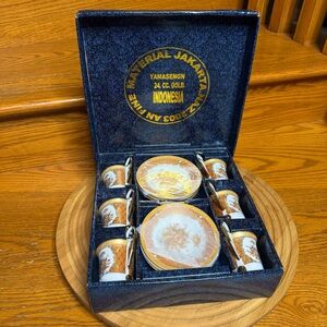 Yamasengn Indonesia 24k Gold Coffee Demitasse Set 6 Cups Saucers W Box Vintage